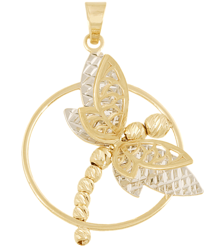 Przestrzenna Przywieszka Ważka Oprawiona w Okrągłą Ramkę. Połączenie Żółtego i Białego Złota.